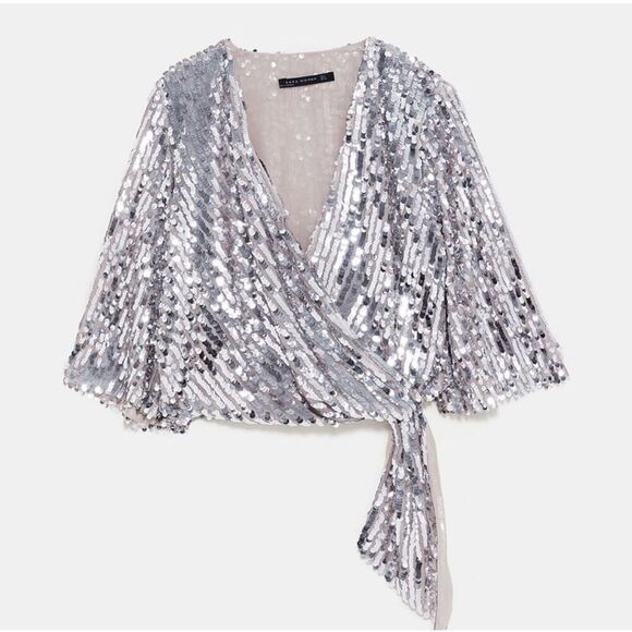 Blogger Favorite Zara NYC Night Fever Sequin Wrap Bolero Jacket Blouse - Picture 2 of 9